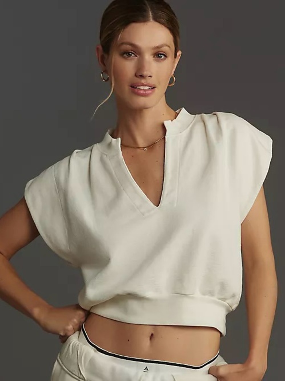 Nation LTD Cream Split V-Neck Cropped Pullover
